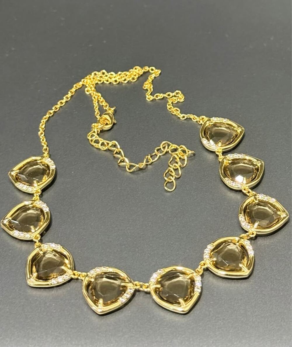 Smoky Quartz CZ Statement Necklace, Gold Tone Gemstone Necklace, Adjustable